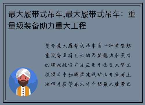 最大履带式吊车,最大履带式吊车：重量级装备助力重大工程